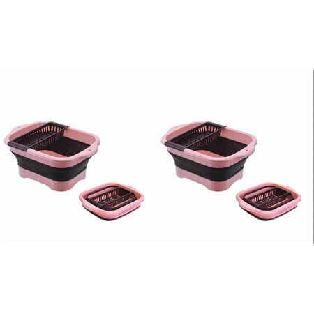 AFACUHX Collapsible Dish Basin with Drain Plug Portable Sink Space Saving Outdoor Multiuse Foldable Flume Tub Dishpan Kitchen Storage Tray for Vegetable Washing Camping RV 2PC (Pink)