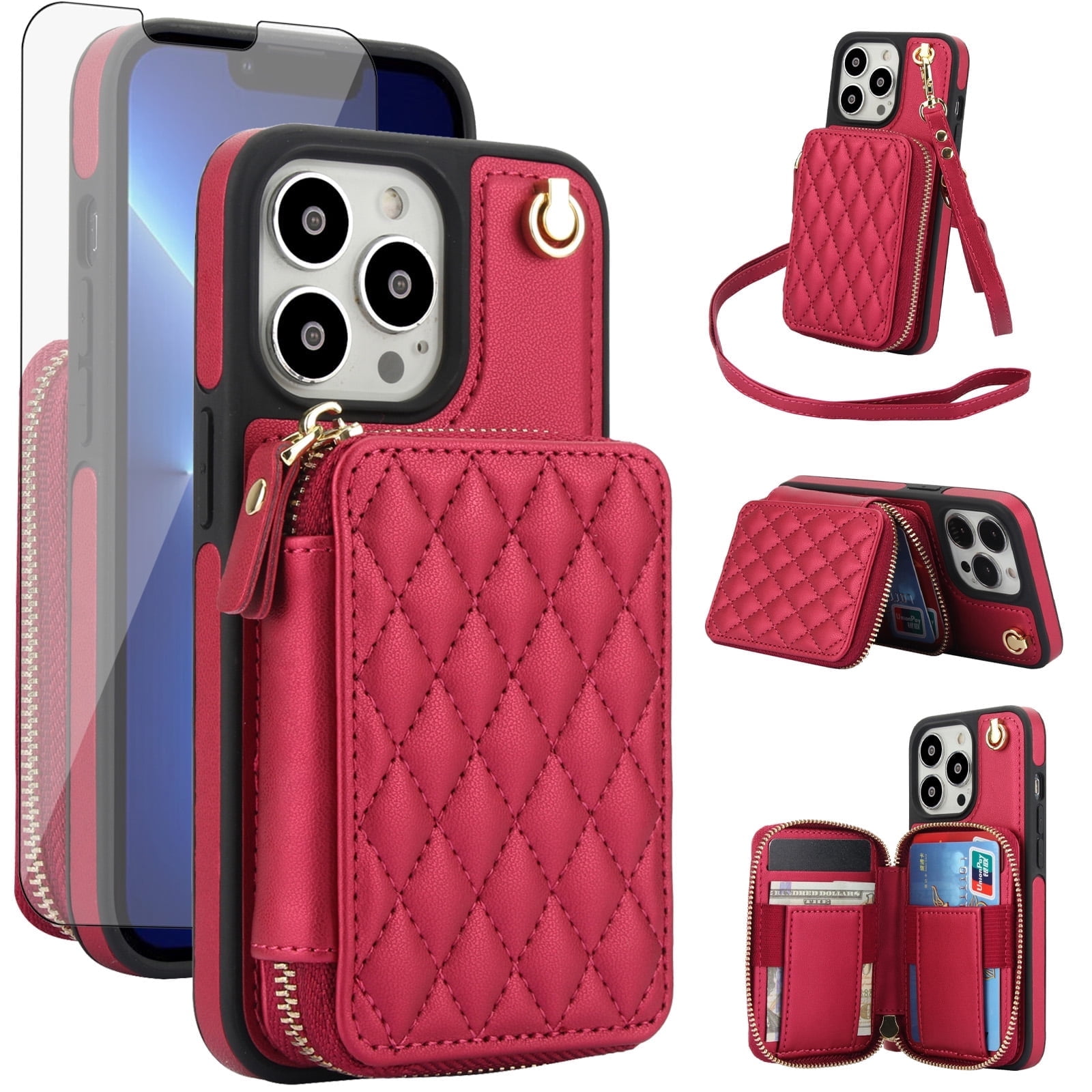Compatible with iPhone 14 Pro Max 6.7 inch Wallet Phone Case Tempered Glass Screen Protector Wrist Crossbody Strap Stand Credit Card Holder RFID Slot Cell Cover for iPhone14promax 5G Women Girls Red