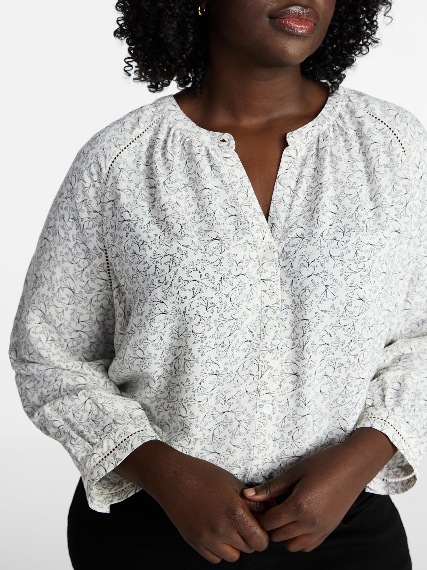 Terra & Sky Women's Plus Size Button Blouse with 3/4-Length Sleeves, Sizes 0X-5X