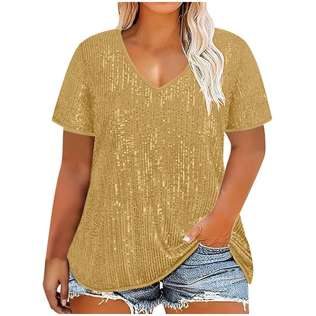 Timegard Womens Plus Size Tops Drop Shoulder Short Sleeve Sequin V Neck Blouse Sparkly Glitter Party