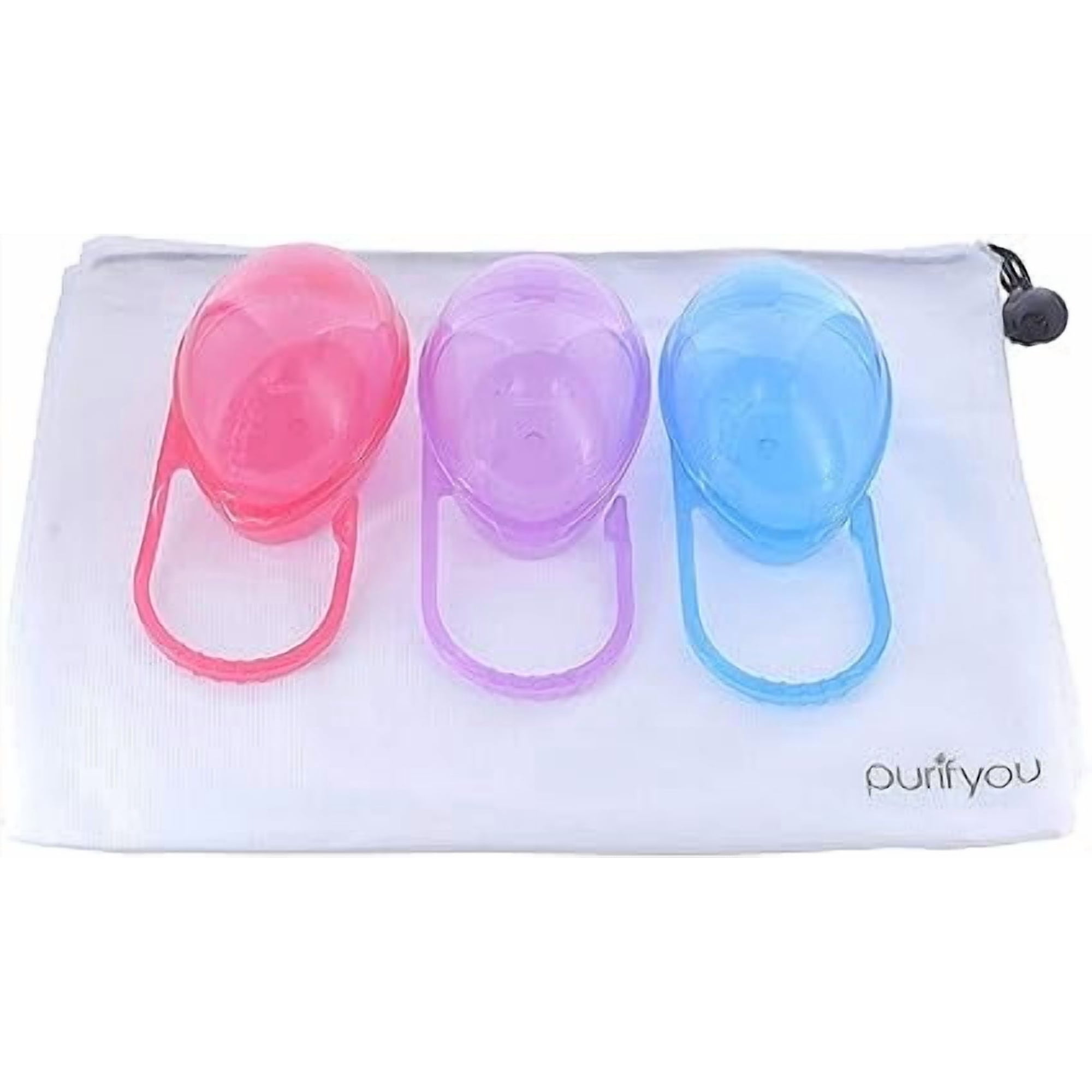 purifyou PurePouch BPA-Free Pacifier Case Holder & Nipple Shield Case, Hold Up to Two and Three Pacifiers and Pacifier Clips Per Container with Free Mesh Sack (Set of 3, Mixed)