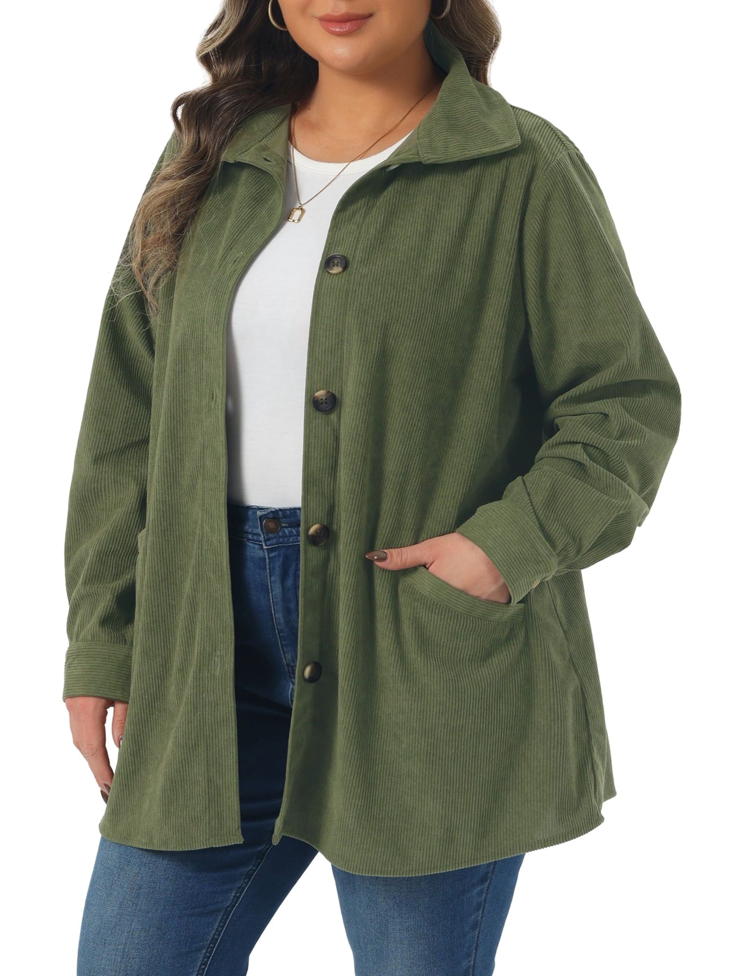 DARING DIVA Women's Plus Corduroy Long Sleeve Button Down Shacket Jacket 1X Army Green