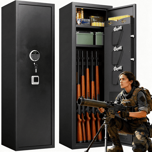 16-18 Gun Safe for Rifles and Pistols, Gun Locker Fingerprint, Gun Safe Biometric, Removable Shelf for Rifles Safes, Gun Cabinet Long with Adjustable Shelf, 12"D X 14"W X 57"H