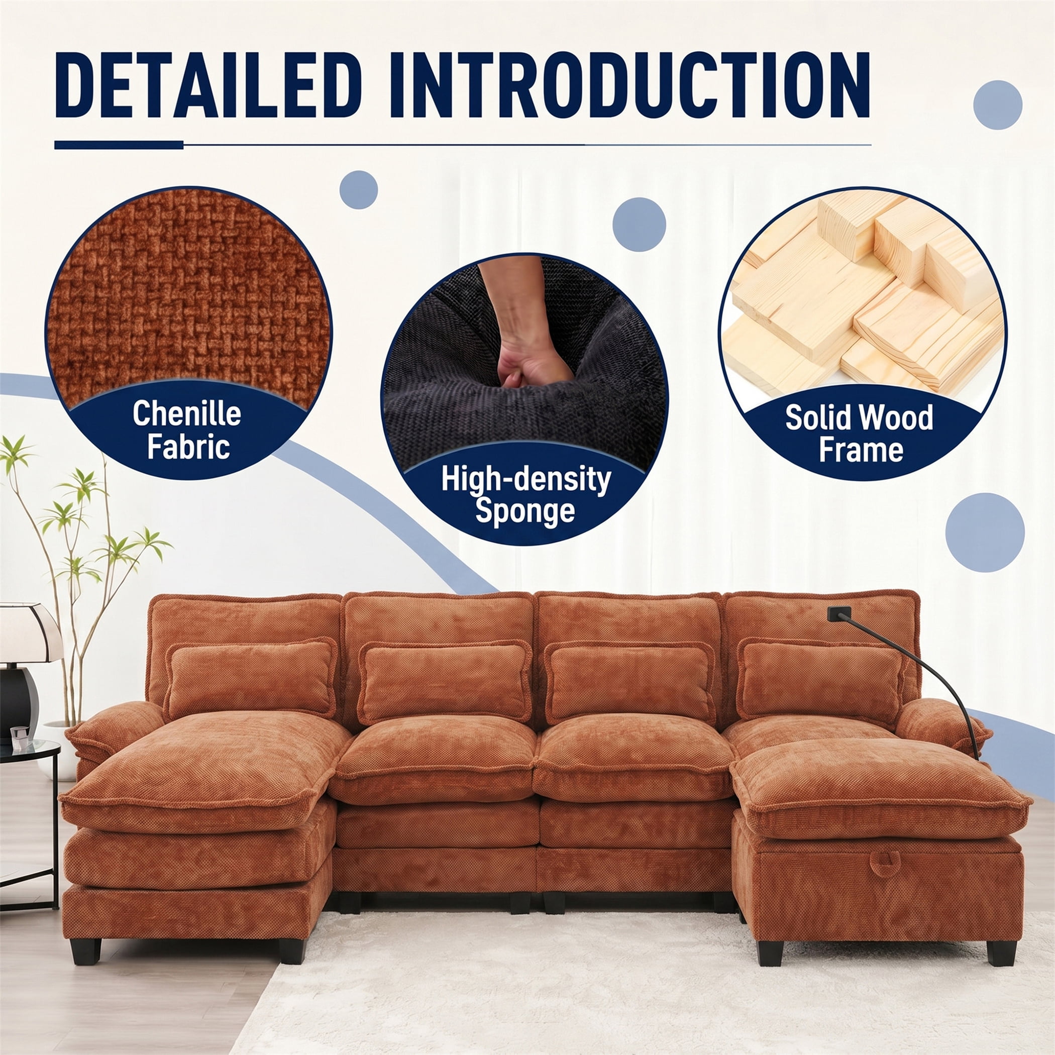 Aukfa 106" Sectional Sofa Deep Seat U shape Couch for Living Room, USB&Type-C Ports, 4 Lumbar Pillows, Storage Ottoman, Overstuffed Chenille, Orange