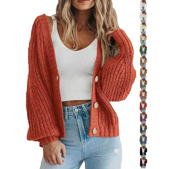 Dqueduo Women's Casual Sweaters, Solid Long Sleeve Button , Loose Fit Knit Sweaters for Winter