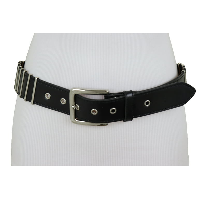 Women Black Faux Leather Biker Fashion Hip Belt Silver Metal
