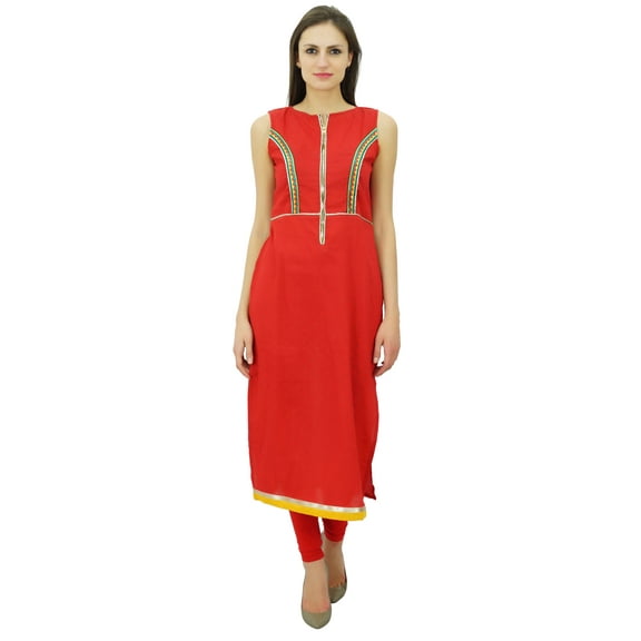 Atasi Women'S Custom Stitched Red Cotton Straight Salwar Kameez With Dupatta