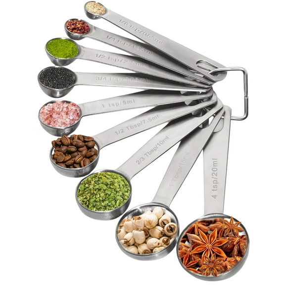 GLUAAE Duty Stainless Steel Metal Measuring Spoons for Dry or Liquid, Fits in Spice Jar, Set of 9