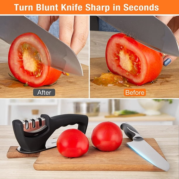 Afilador de cuchillos antideslizante Afiladores manuales 3 en 1 Se adapta a todos los tamaños de cuchillos de cocina 3 procesos de afilado Antideslizante Acabado en negro mate Ergonómico