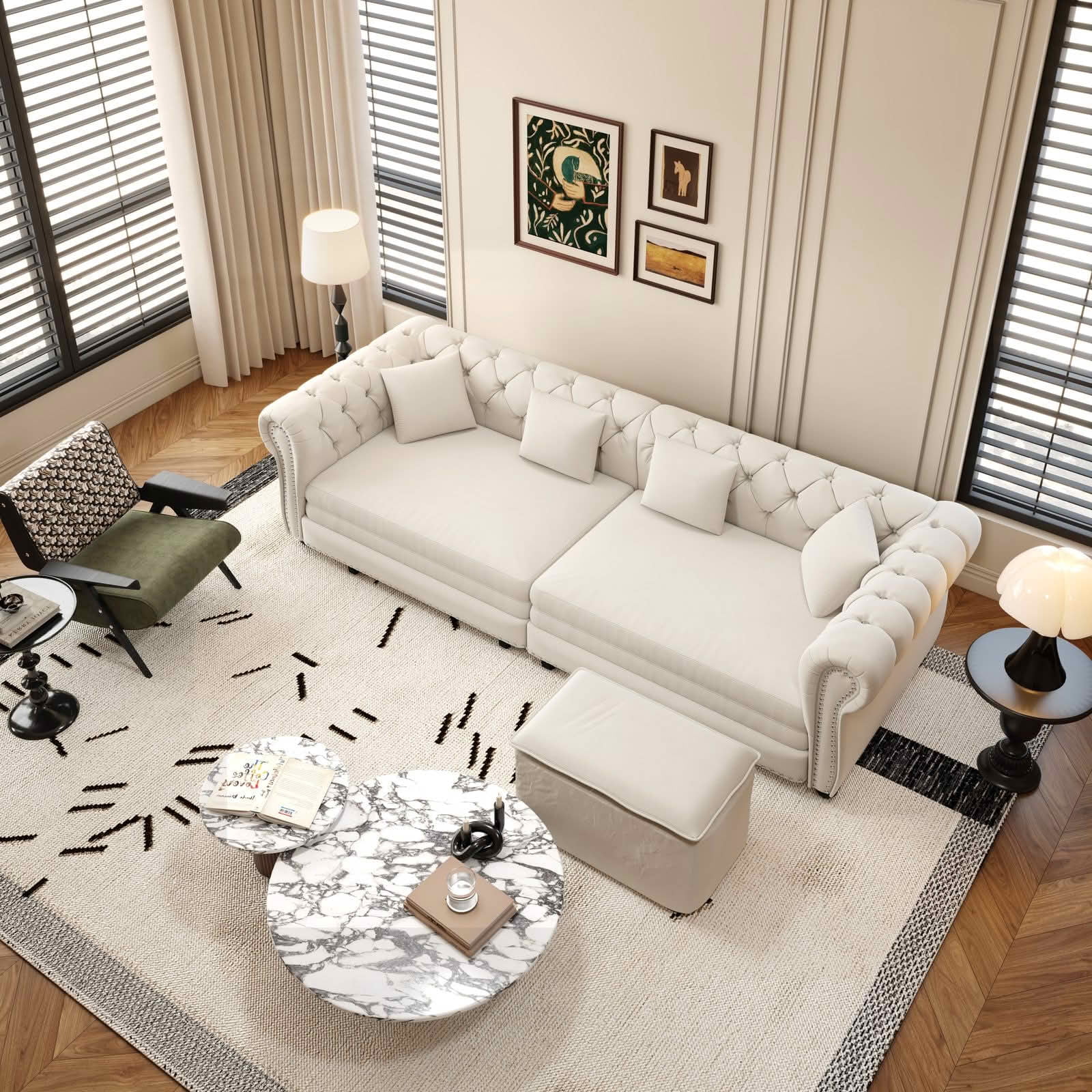 MAYEERTY 89" Chesterfield 3‑in‑1 Pull‑Out Sofa Bed, Tufted Velvet 3‑Seater Couch with Movable Ottoman, King Size Sleeper Chaise Lounge, 4 Pillows Included