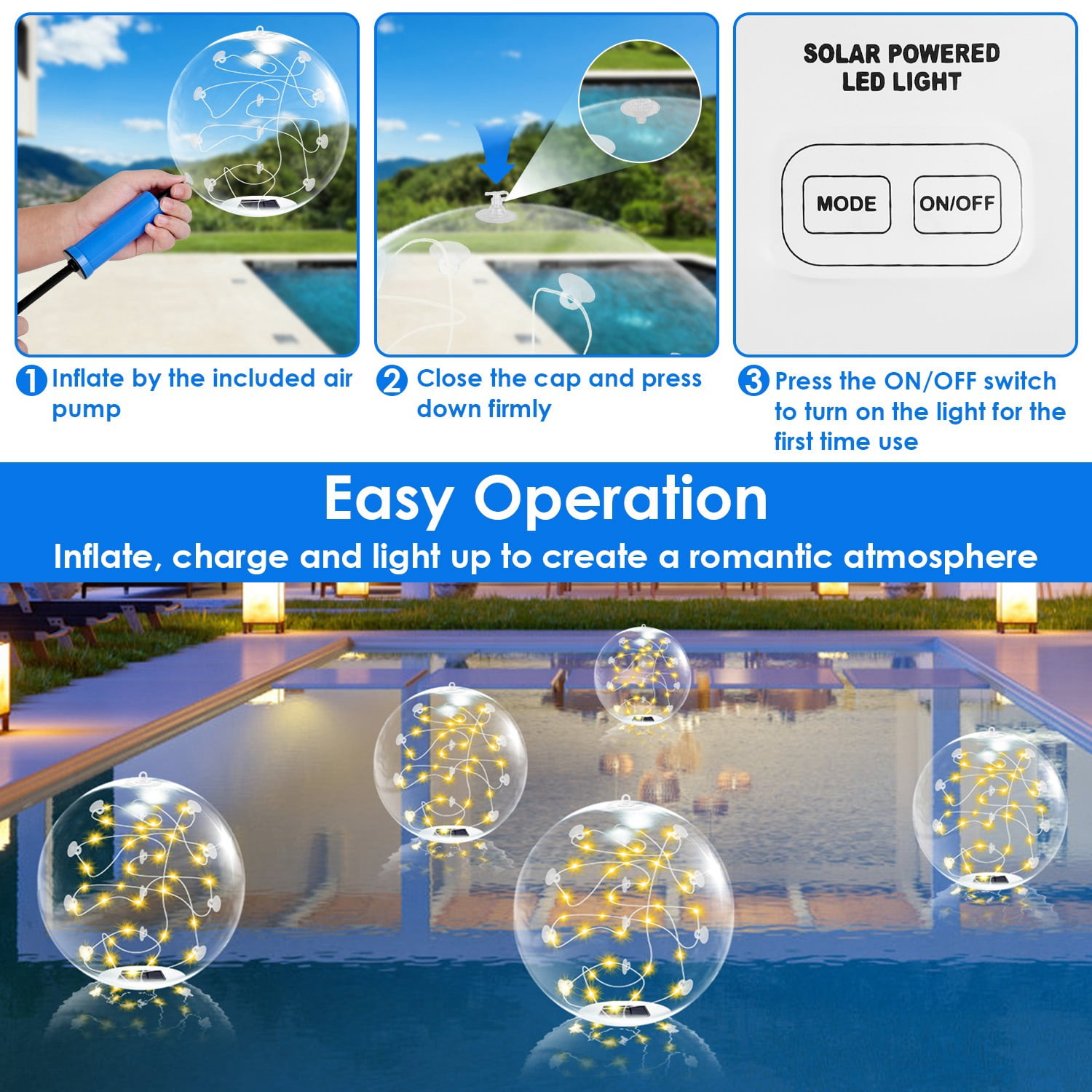 2 Pack Outdoor Solar Pool Lights, LED Light Up Balls with Remote, 3200K Warm Glow, 3 Lighting Modes & 4-Level Brightness & Auto On at Dusk, IP68 Waterproof, Perfect for Garden, Pool, Beach & Party