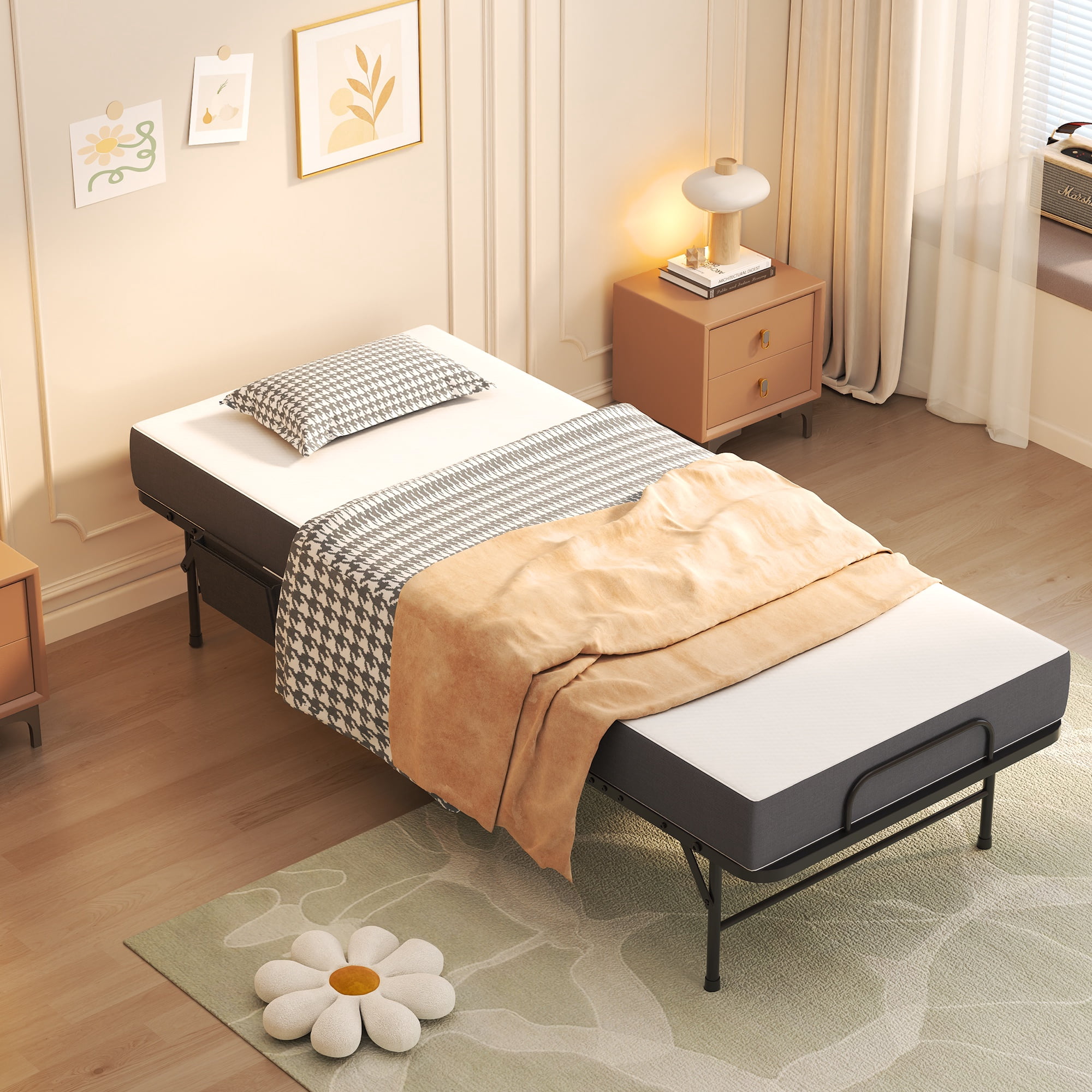 PORKISS Folding Bed with Mattress for Adults, Rollaway Guest Bed with 5" Memory Foam Mattress, Portable Foldable Bed with Locking Wheels, Space Saving Bed for Guest Room, Home Office, 74.8" x 30.7"