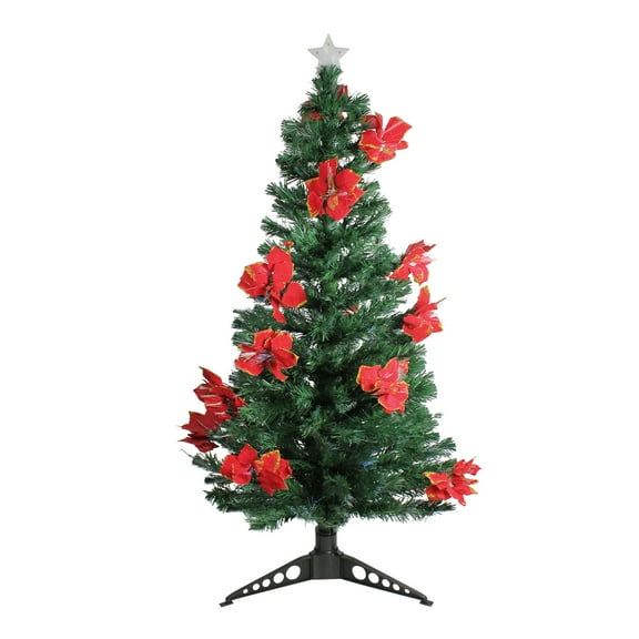 5' Pre-Lit Medium Fiber Optic Artificial Christmas Tree with Red Poinsettias - Multicolor Lights