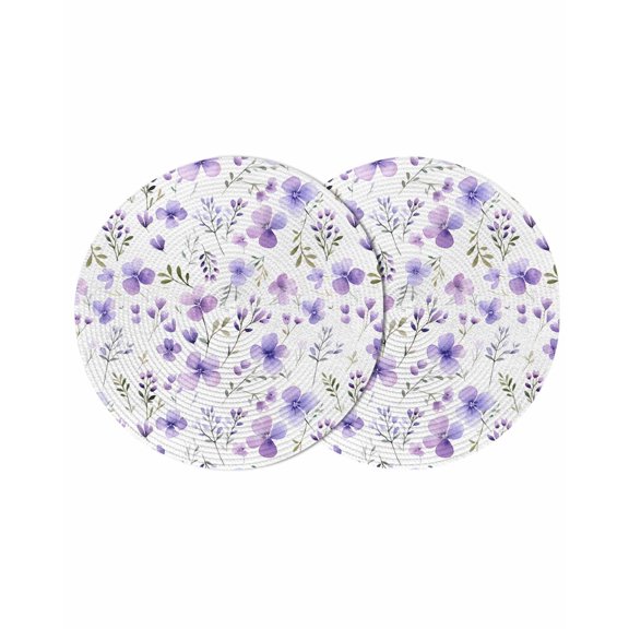 Purple Spring Floral Round 13 Inch Placemats Set of 2, Pastoral Botanical Watercolor HeatResistant Non Slip Place Mats for Dining Table, Wipeable Braided Kitchen Table Mats for Housewarming