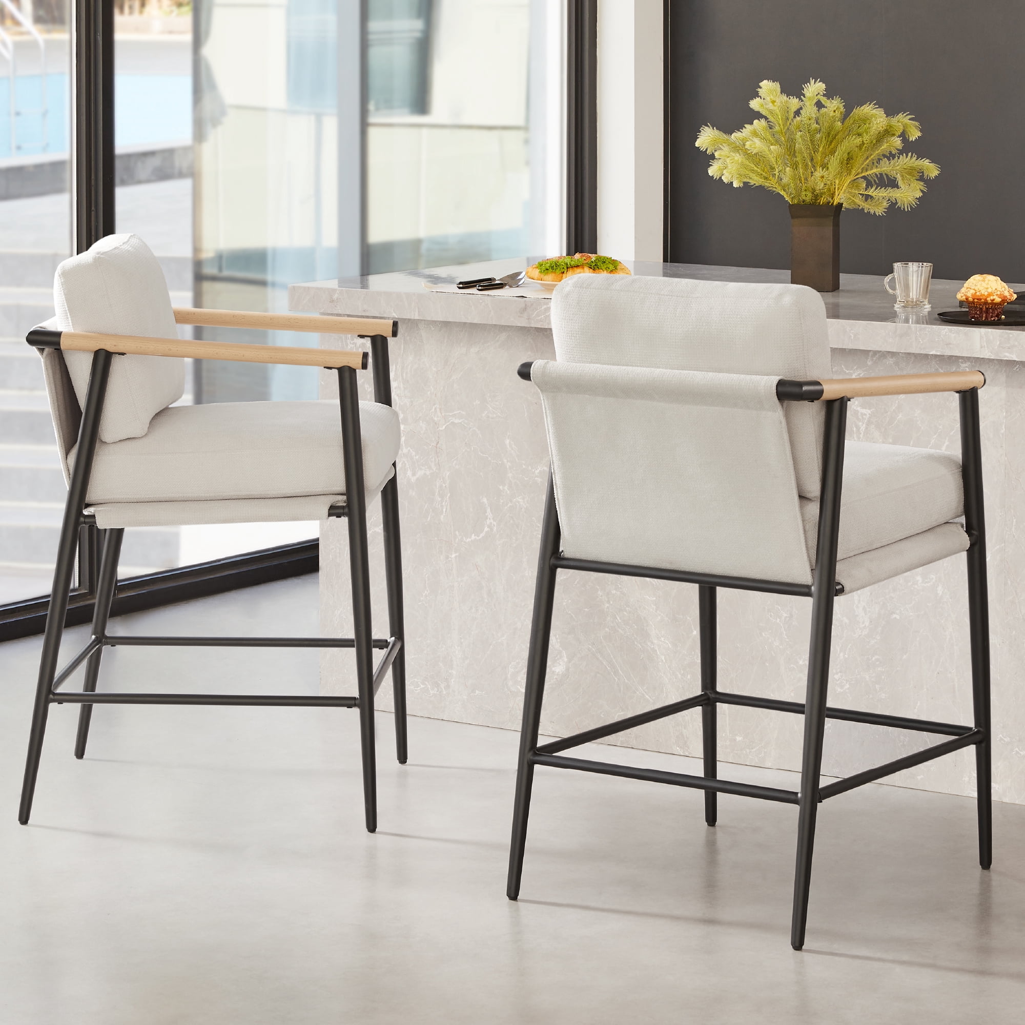 CHITA Modern Counter Stools Set of 2, Upholstered Bar Stools with Metal Frame and Wooden Armrests, Fabric in Beige