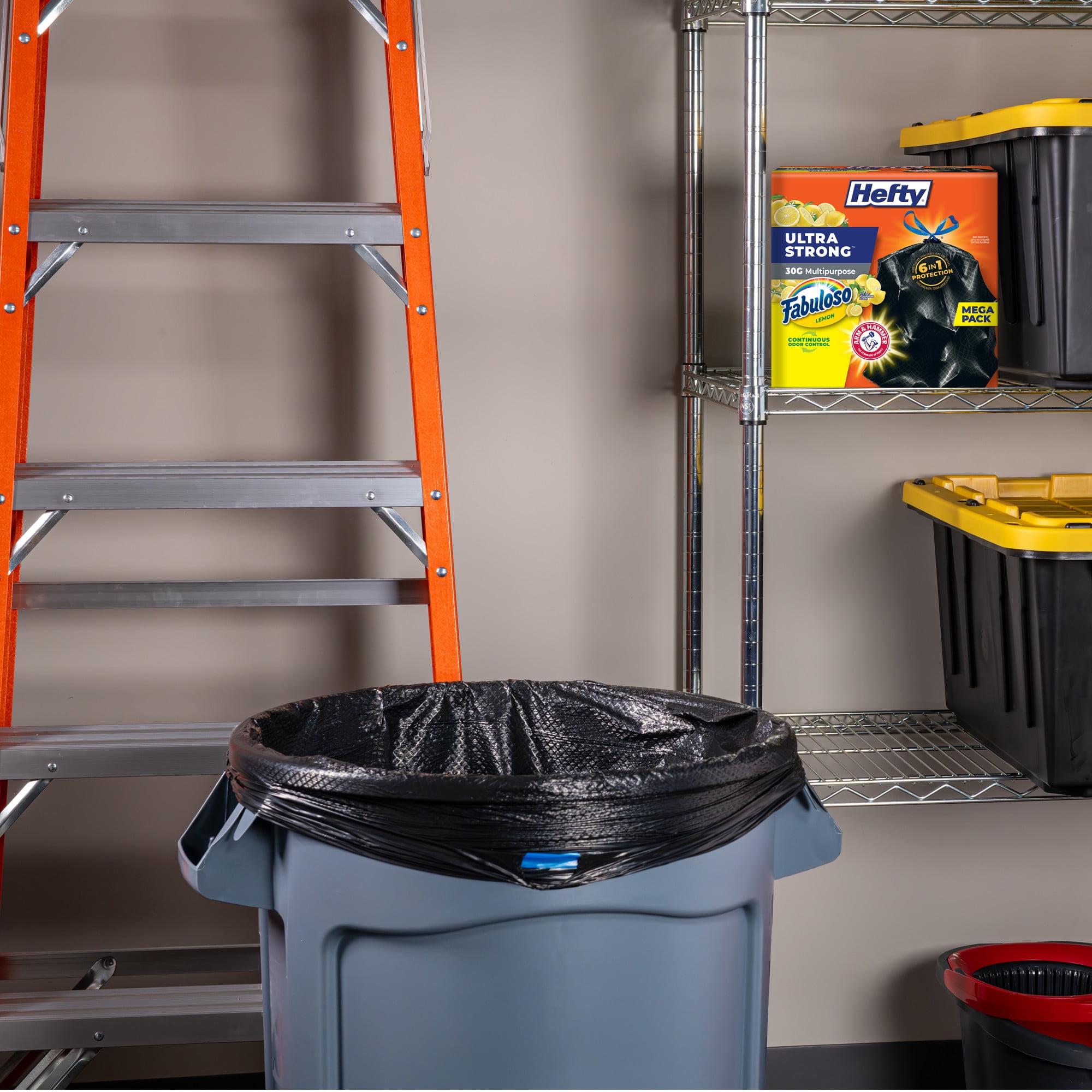 Hefty Ultra Strong 30 Gallon Trash Bags, Large Trash Bags, Black, Fabuloso Lemon Scent, 50 Bags
