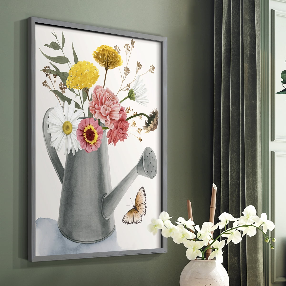 Watering Can Bouquet II Framed Print in Gray Solid Wood 11 x 14 Framed Print