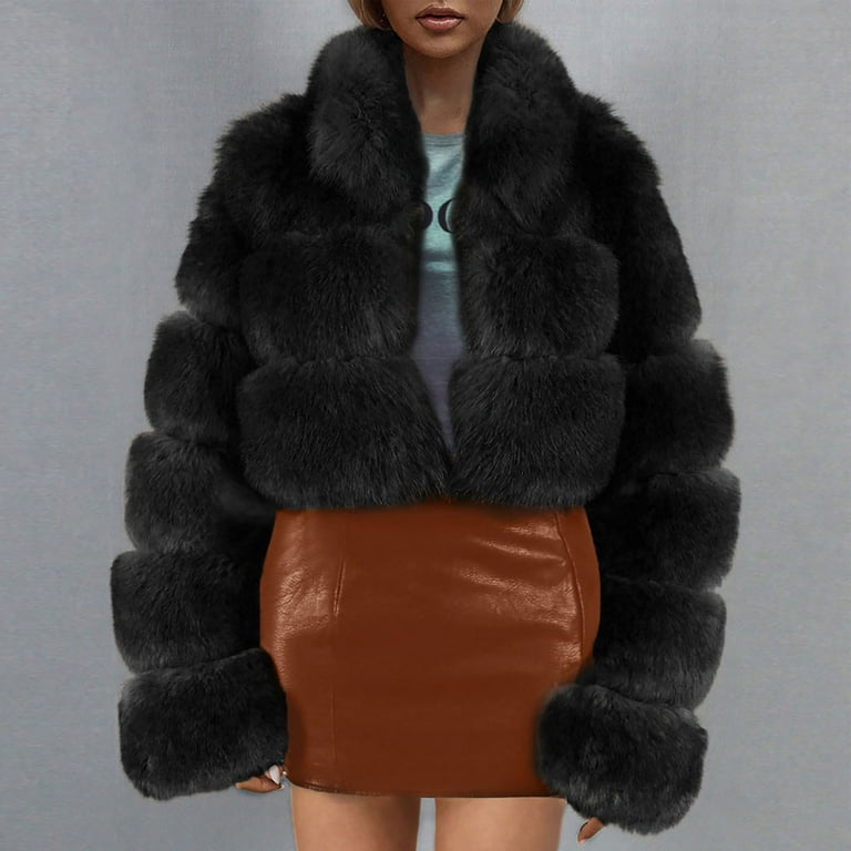 Hfyihgf Women Winter Faux Fur Coat Lapel Soft Fluffy Fleece Cropped Jacket  Long Sleeve Warm Thickened Plush Casual Solid Outwear（Black,3XL) 