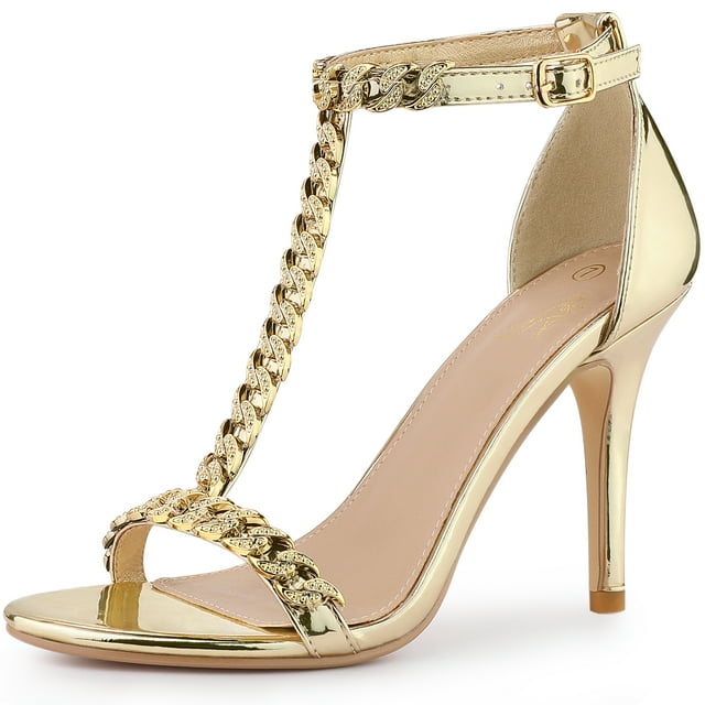 BLISSFUL STEP T Strap Rhinestone Ankle Strap Stiletto Heels Sandals for Women Gold 7 M US