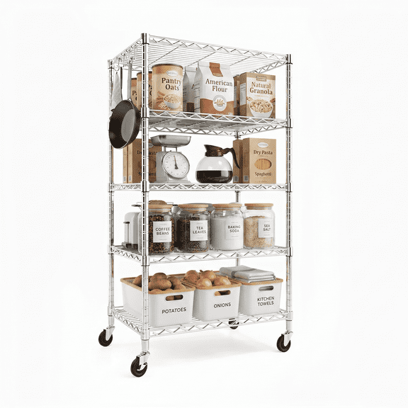 PrimeZone 5-Tier Wire Storage Shelves with Wheels, Adjustable Metal Shelf Rack Unit Organizer, Heavy Duty Wire Shelf for Garage Warehouse Office Restaurant Kitchen, 24.2"W x 18"D x 75"H, Chrome