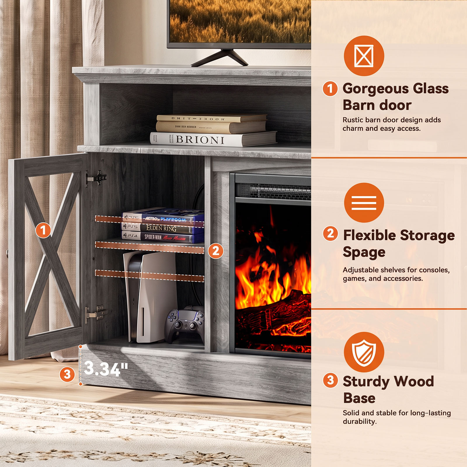 Chitooma 75" Farmhouse Electric Fireplace TV Stand, Gray photo 4