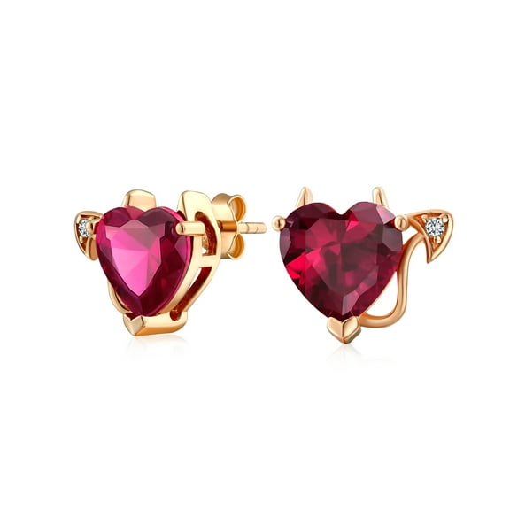 Bling Jewelry Womens Whimsical Valentine Red CZ Cubic Zirconia Devil Heart Shape Stud Earrings Rose Gold Sterling Silver