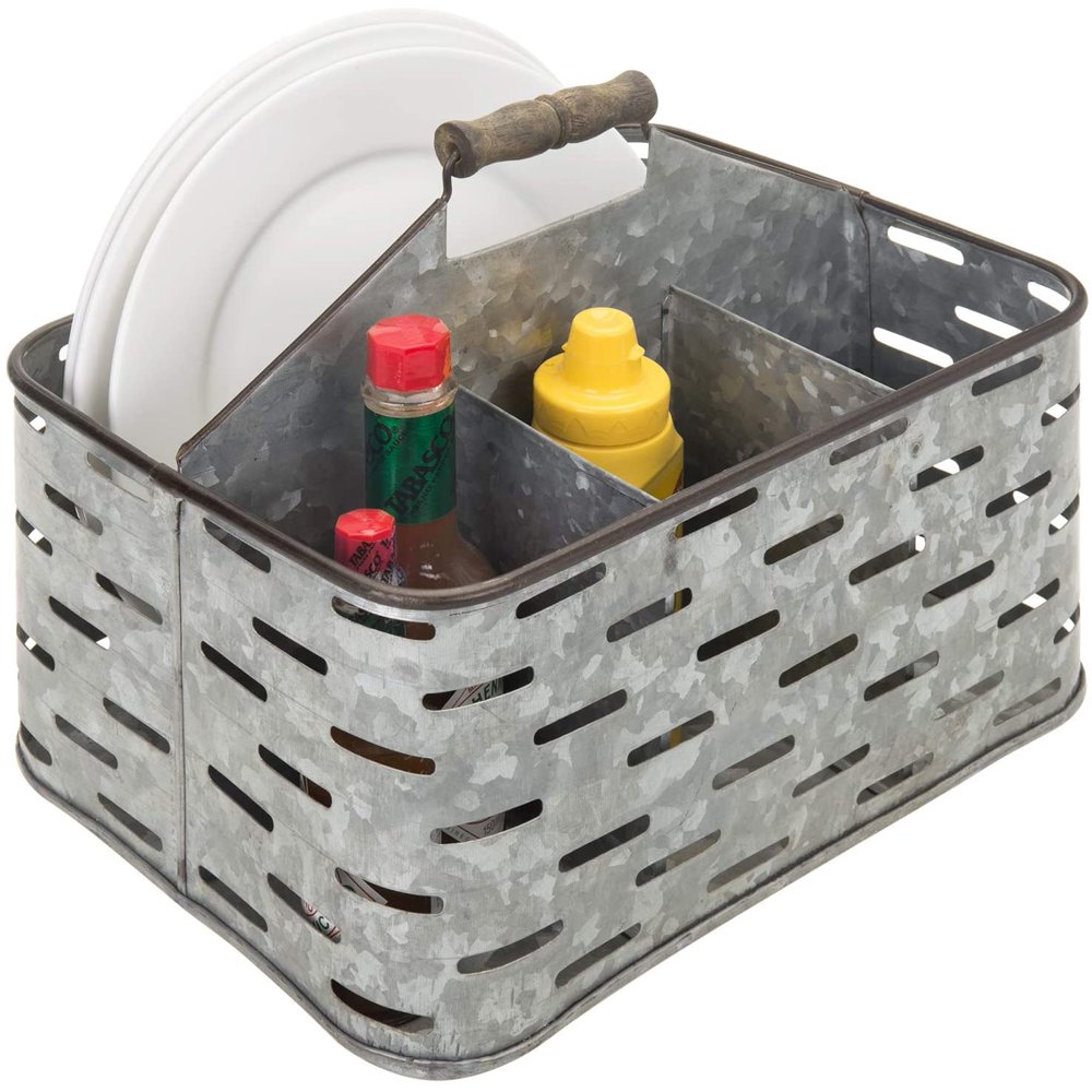 MyGift 4Slot Galvanized Silver Metal Kitchen Utensil Caddy with Copper