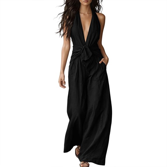 Ke1Clo Spring Fall Jumpsuits for Women Sleeveless Waist Cincher Wide Leg Jumpsuit Casual Beach Vacation Trendy Party Romper Black L