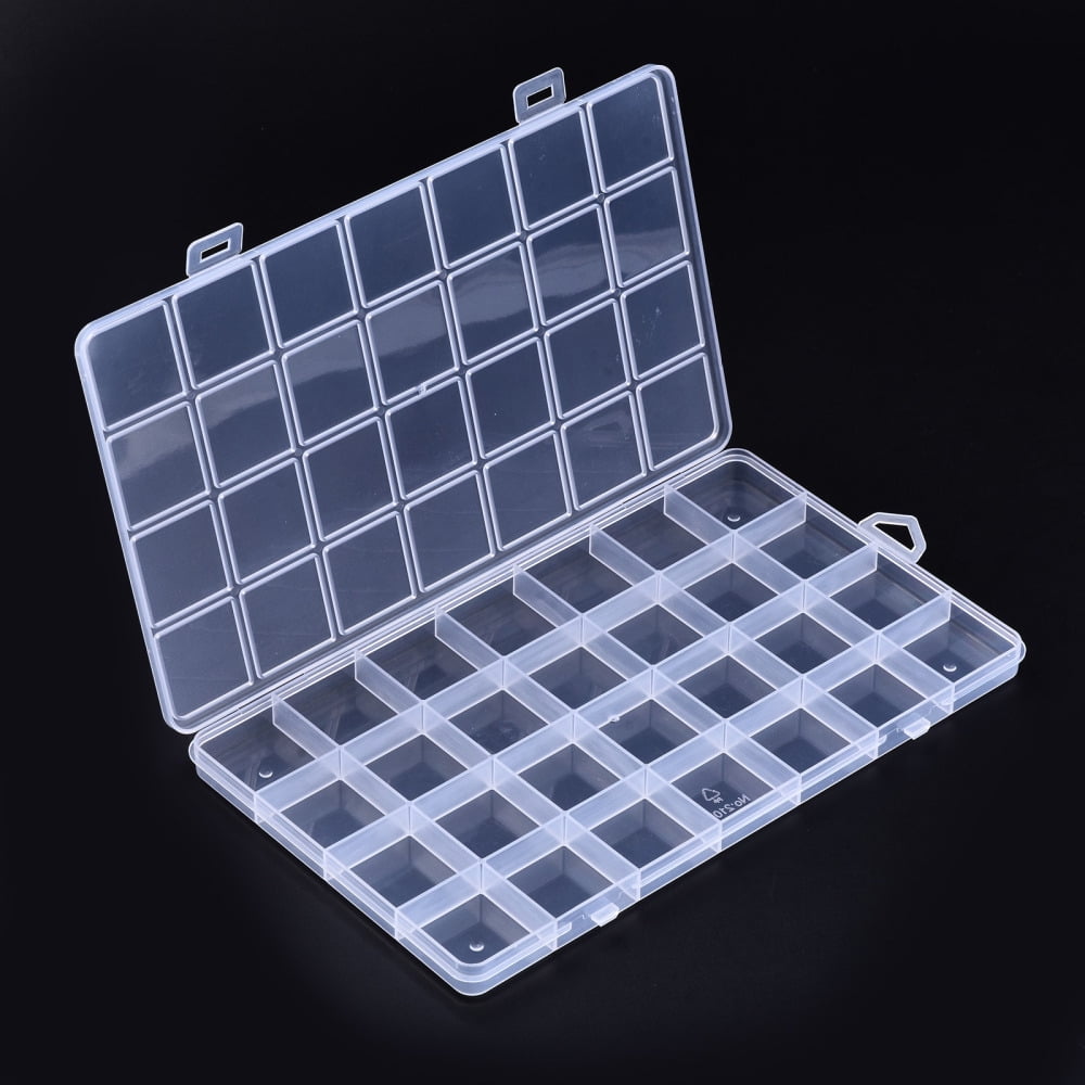 Polypropylene(PP) Bead Storage Containers 28 Compartments Organizer Boxes with Hinged Lid Rectangle Clear 22.5x13.3x1.4cm Hole: 16.5x6.5mm