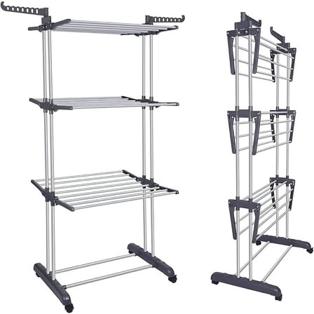 Clothes Drying Rack, Oversized 4-Tier(67.7" High) Foldable Stainless Steel Drying Rack Clothing, Movable Drying Rack with 4 castors, 24 Drying Poles and 14 Hooks for Bed Linen, Clothing, Grey