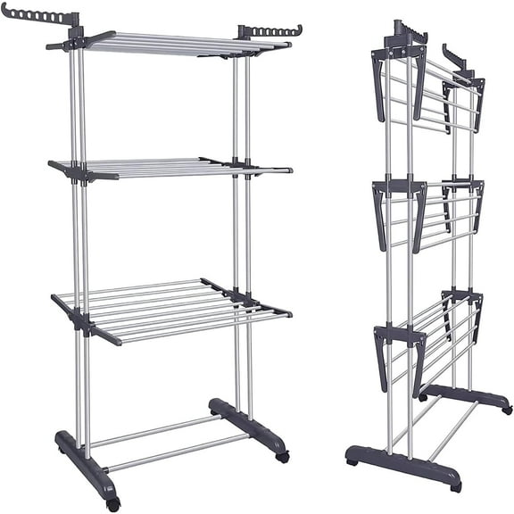 Clothes Drying Rack, Oversized 4-Tier(67.7" High) Foldable Stainless Steel Drying Rack Clothing, Movable Drying Rack with 4 castors, 24 Drying Poles and 14 Hooks for Bed Linen, Clothing, Grey