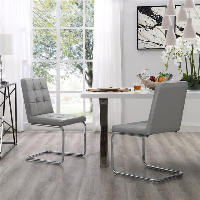 Posh Living Jonathan PU Leather Biscuit Tufted Armless Chrome Frame Dining Chair Set of 2 - Light Grey