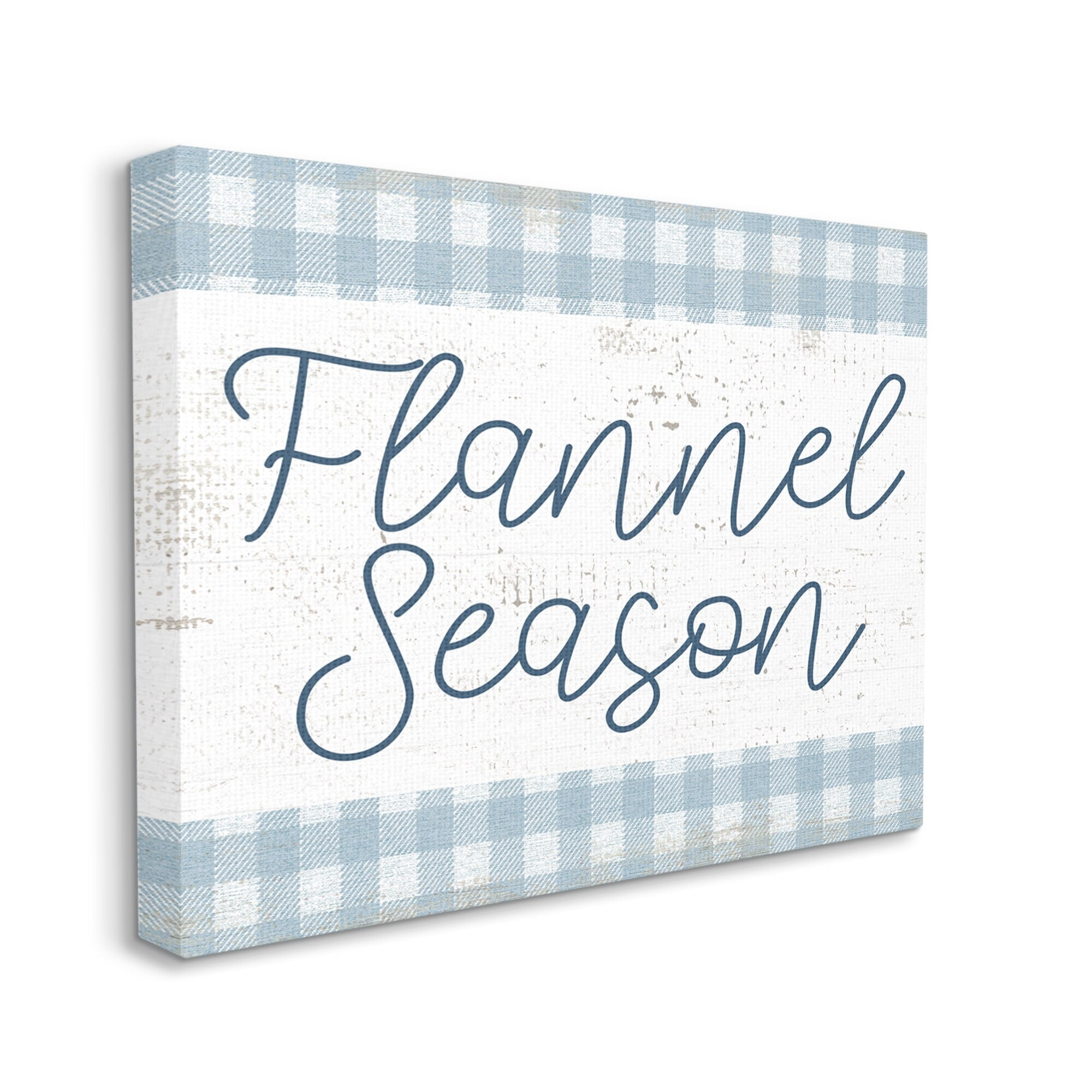 Stupell Industries Flannel Season Phrase Distressed Blue Checker Plaid Pattern Graphic Art Gallery-Wrapped Canvas Print Wall Art, 20x16, by Daphne Polselli