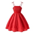 thumbnail image 4 of Girls Tie Strap Solid Color A-Line Sundress Ruched Bust Double Layer Ruffle Hem Sweet Summer Dress Big Kids Daily Casual Flowy Princess Dress(Red,10-11 Years), 4 of 4