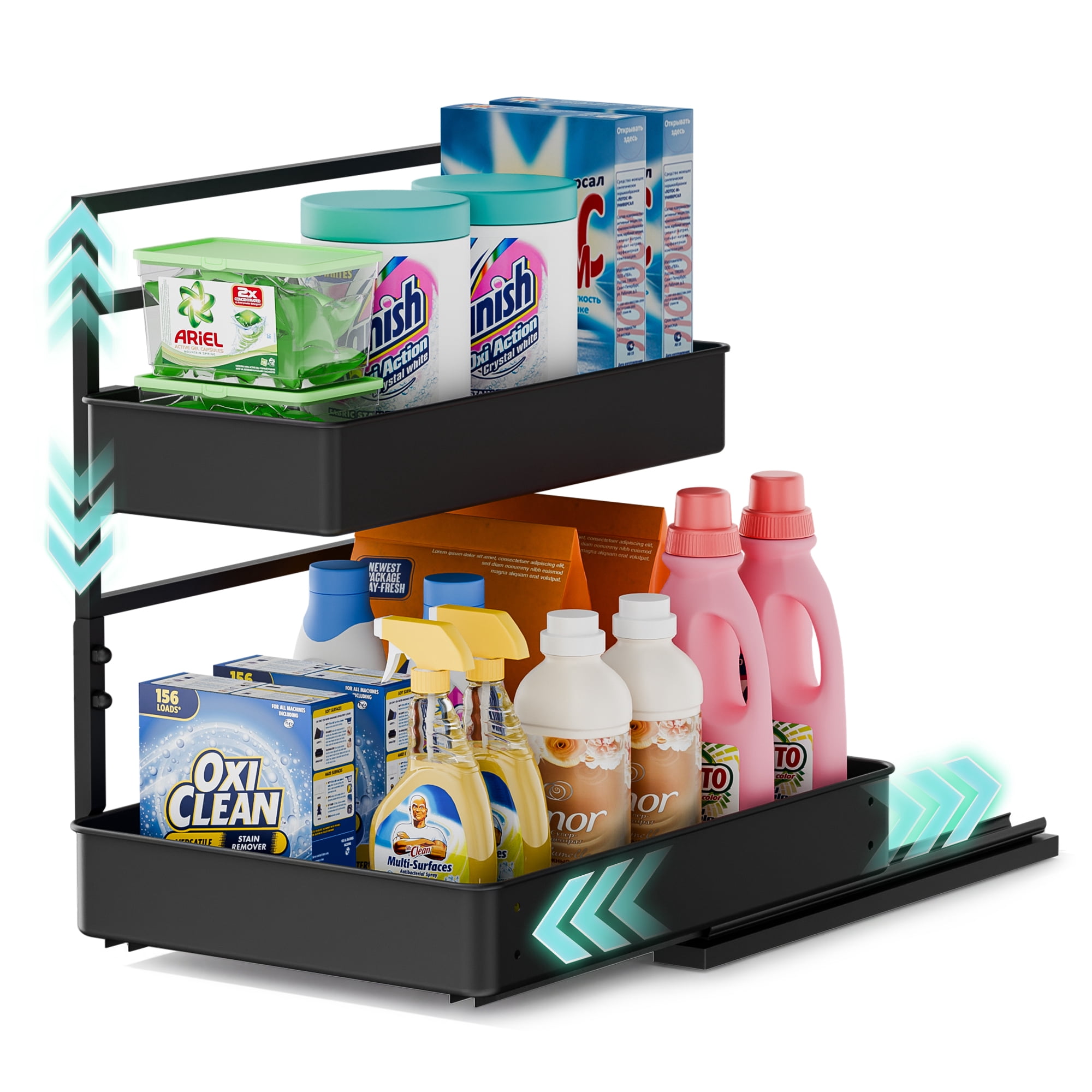 Everie Adjustable 2-Tier Pull Out Under Sink Organizer Heavy Duty Metal Slide Shelf for Kitchen Bathroom Cabinet 16" Deep 2-Pack Black
