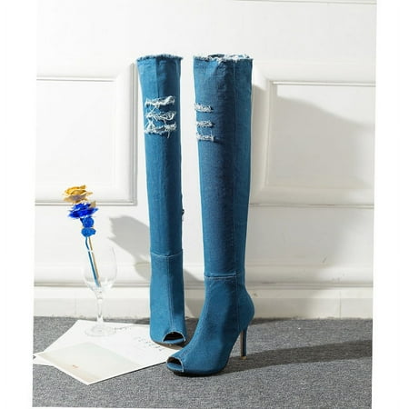 

Black 2023 Friday Deals Clearance Womens Over The Knee Boots Chunky Heel Fashion Fish Mouth Cow Carefully Heel Stovepipe Stretch Sandals
