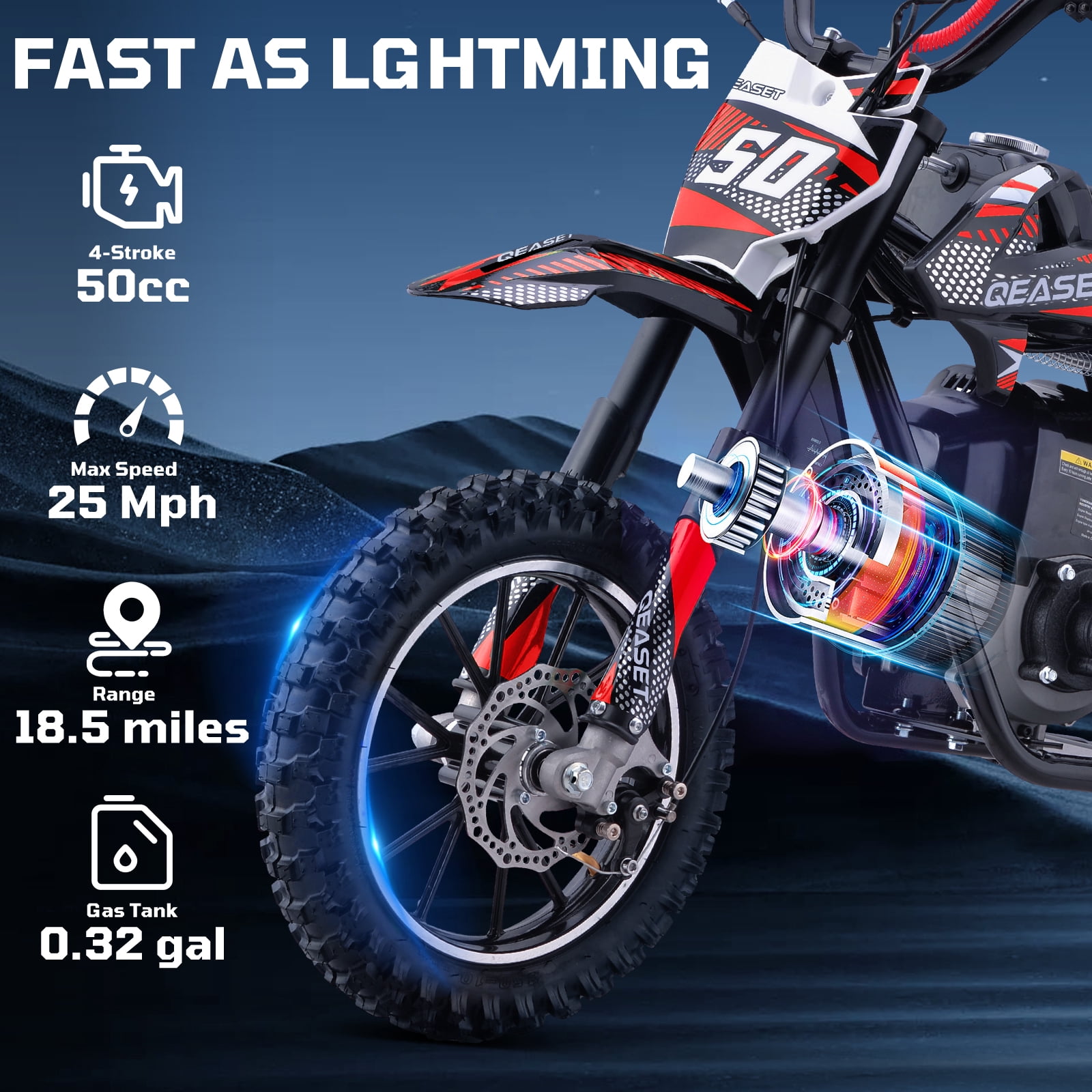 QEASET 49CC 4-Stroke Gas Powered Dirt Bike for Adults & Teens, off Road Tire, Pull Start