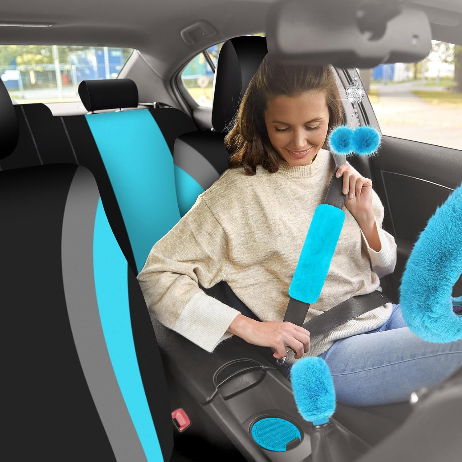 chalian 47 Pcs Car Seat Cover Full Set Car Accessories for Front Rear Seat Fluffy Steering Wheel Cover Belt Automotive Floor Mats Air Conditioner Decoration Strip(Lake Blue)