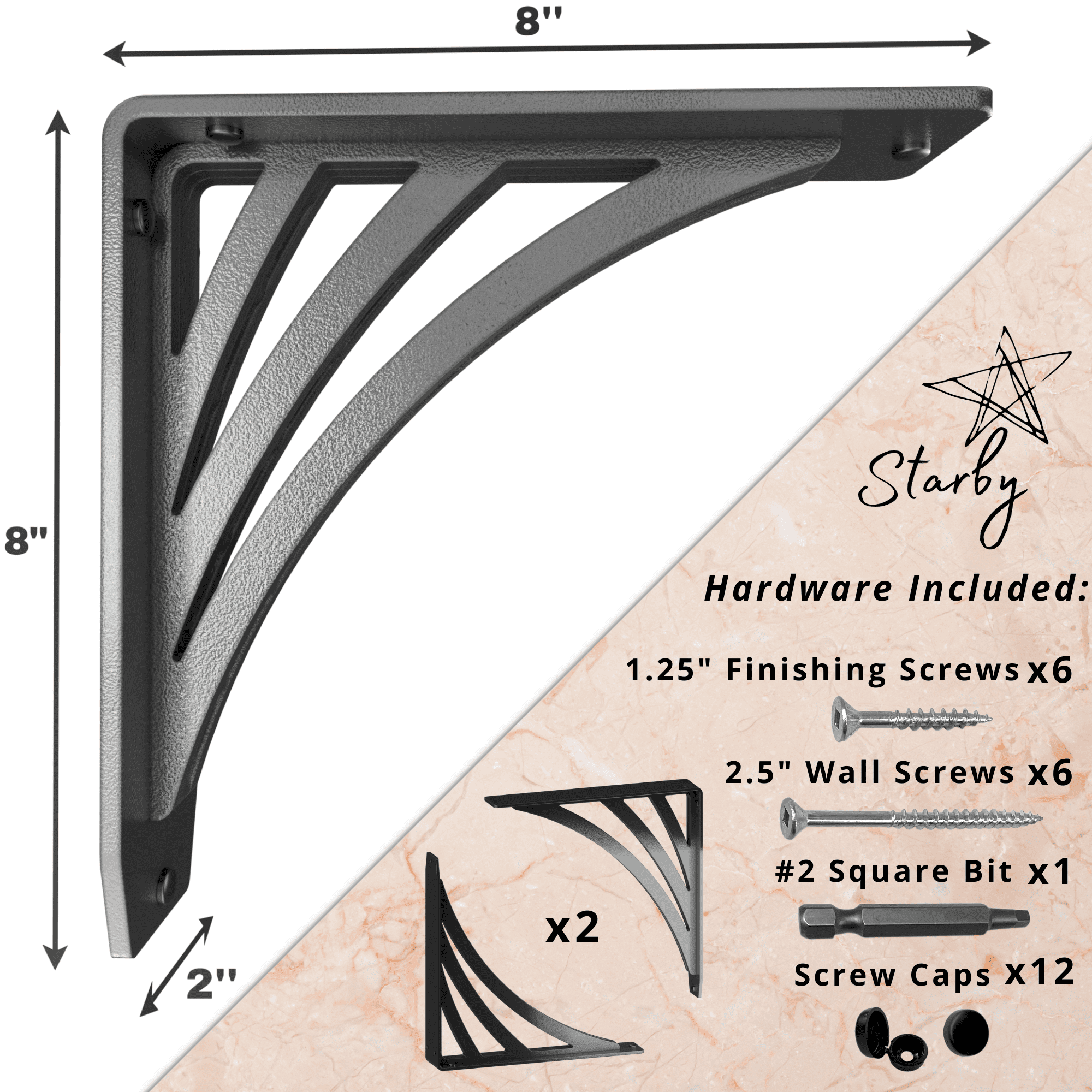 RAVENEL HEAVY DUTY STEEL FIREPLACE MANTEL BRACKETS, FLOATING SHELF, COUNTERTOP SUPPORT - HAND WELDED - 8" x 8" x 2"