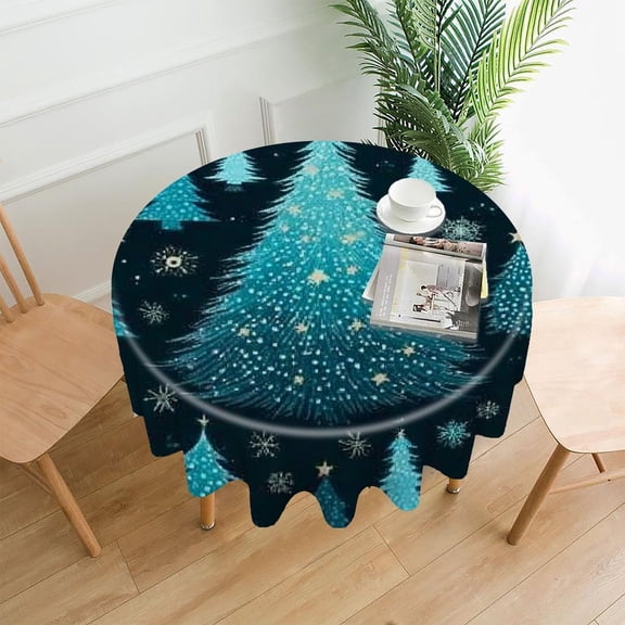 RKSupls 60 Inch Round Tablecloth, Blue Christmas Trees Premium Polyester Straight Edge Wrinkle Resistant Washable Table Cover for Party Home Dining Decor