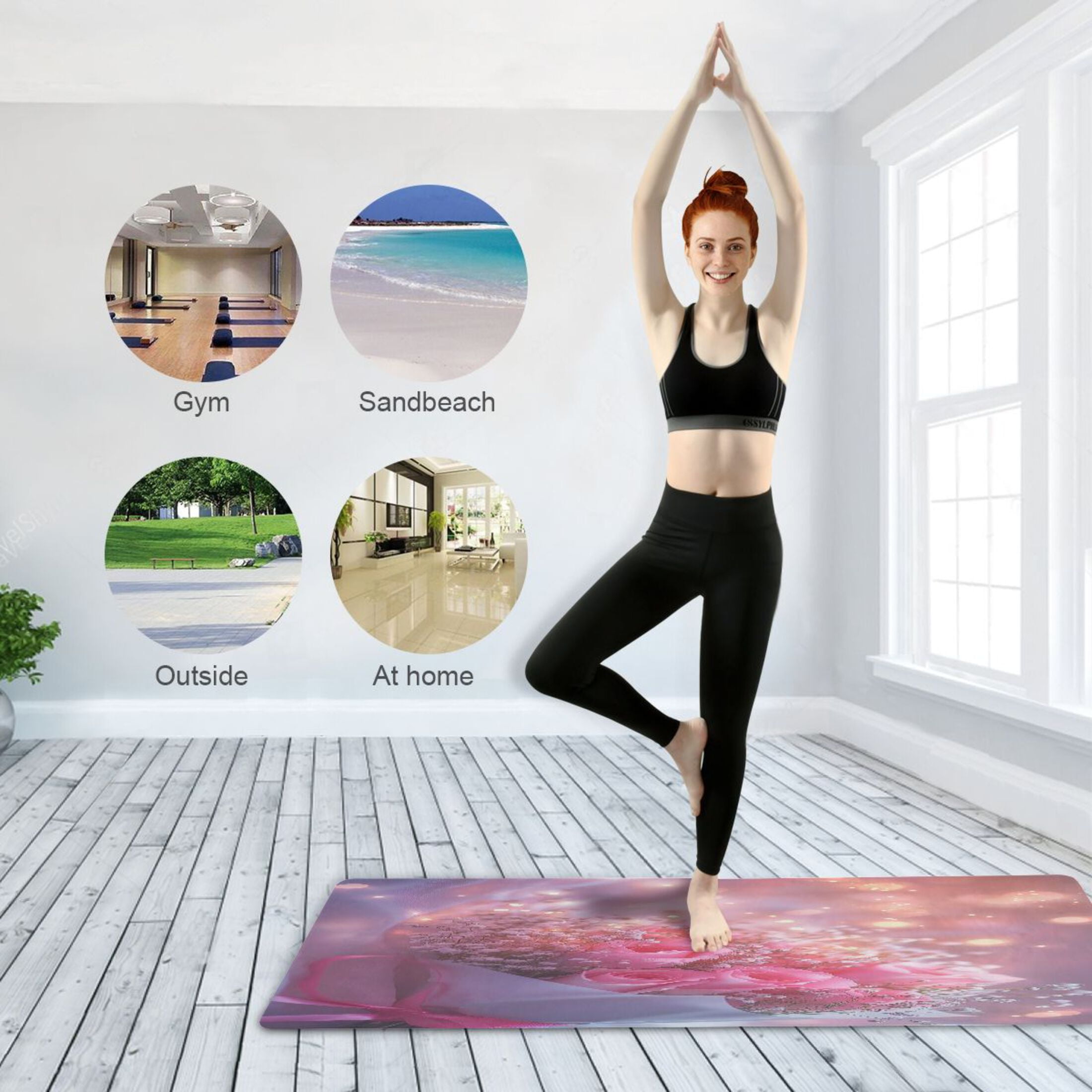 BZSMCE Yoga Mat Women Pink Roses Bouquet with Lights Fitness Mat