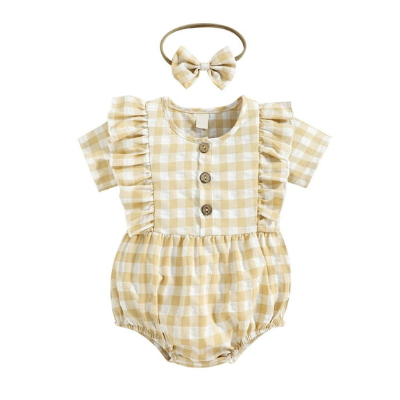 Baby Summer Clothes Toddler Girls Soft Cute Lattice Print Ruffles Flying Sleeve Romper Bow Two-piece Clothing Outfits