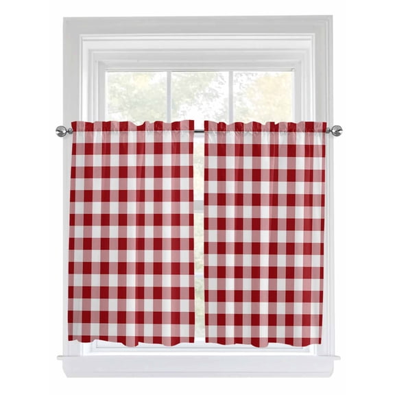 Tier Curtains 45 Inches Long, Farmhouse Buffalo Plaid Window Treatment Curtain Drapes, Red White Checkered Window Half Privacy Curtains for Bedroom Bathroom, 42"x45", 2 Panels