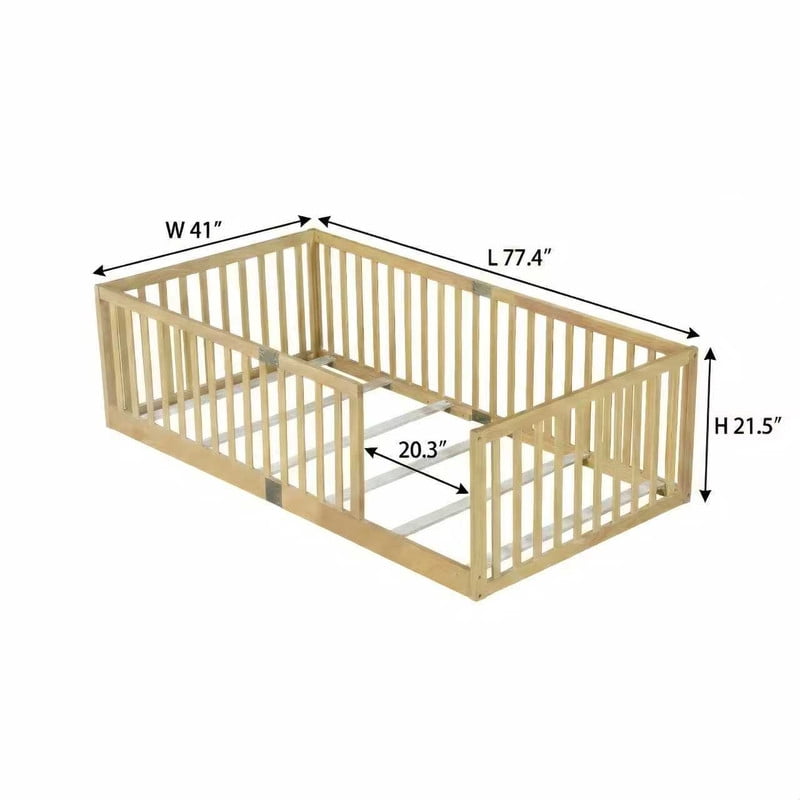 Mirightone Twin Size Wood Montessori Floor Beds with High Fence Railings, Twin Floor Bed with Slats, Twin Playhouse Bed Frame, (Natural&nbsp;)