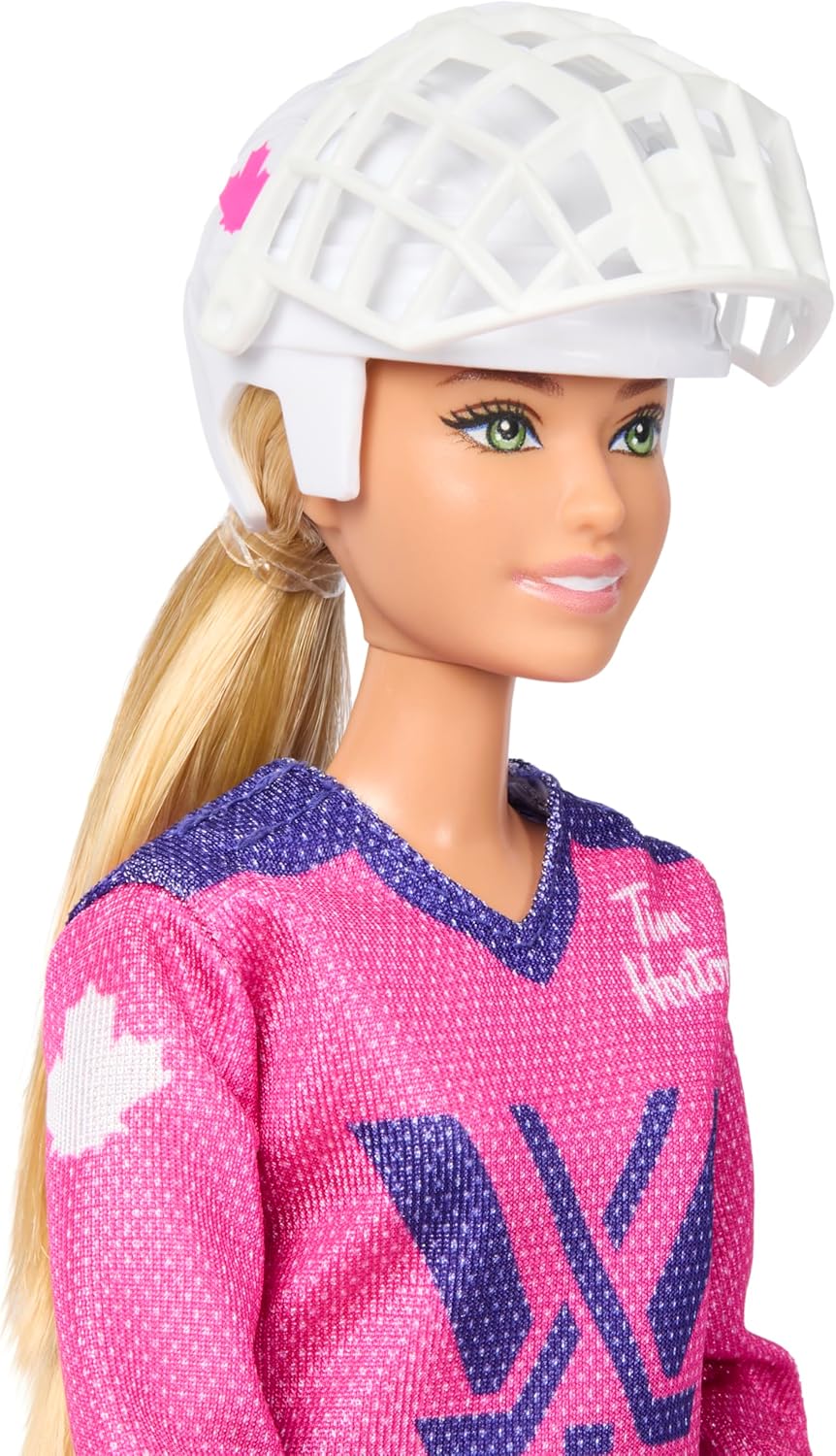 Barbie Tim Hortons PWHL Fashion Doll in Pink, Purple, & Teal Hockey Jersey, Includes Hockey Stick, Puck, and Helmet