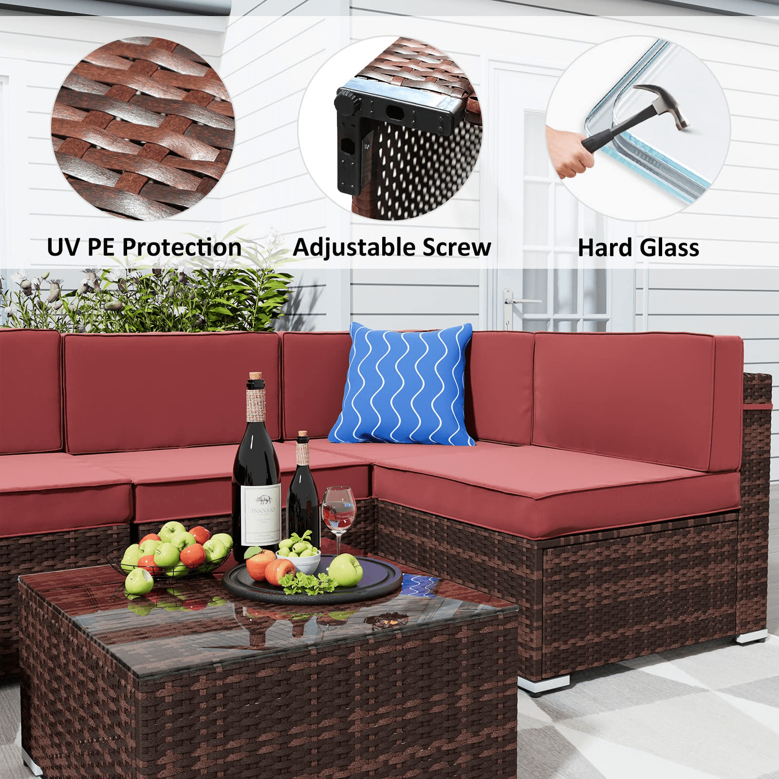 Amopatio 7 Pieces Patio Conversation Set, Outdoor Sectional PE Rattan Wicker Furniture Seat,Red