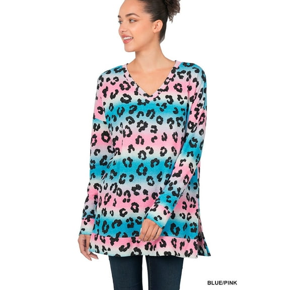 JACQUARD LEOPARD PRINT LONG SLEEVE V-NECK TOP
