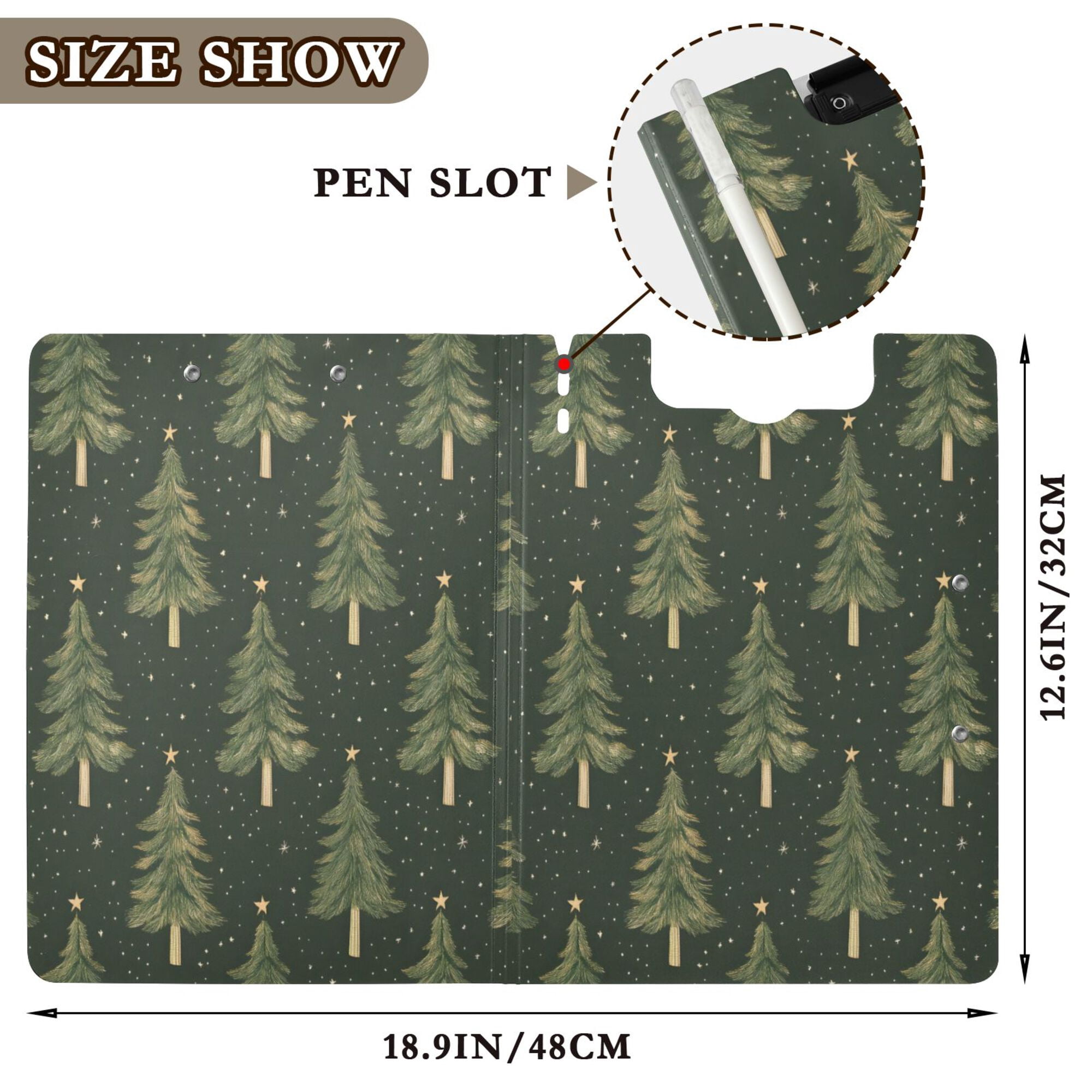 FORMRS A4 Clipboard Folder with Pen Holder Horizontal Foldable School Office Binder, Hand Drawn Christmas Trees