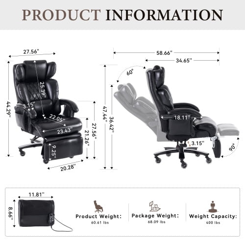 Bellemave Big and Tall Office Chair 400LBS Ergonomic Gaming Chair with High Back 360 Swivel & Headrest Footrest 150° Reclining Adjustable backrest Armrests Pockets and Pillow, Black