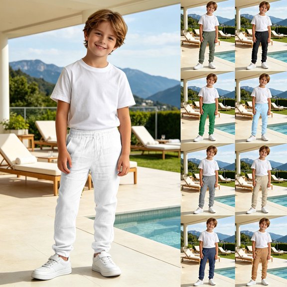 NordicNest Boys Casual Solid Color Trousers, Elastic Waist Breathable Loose Pants, Soft Lightweight Daily Wear for Play & Daily Activities White 110
